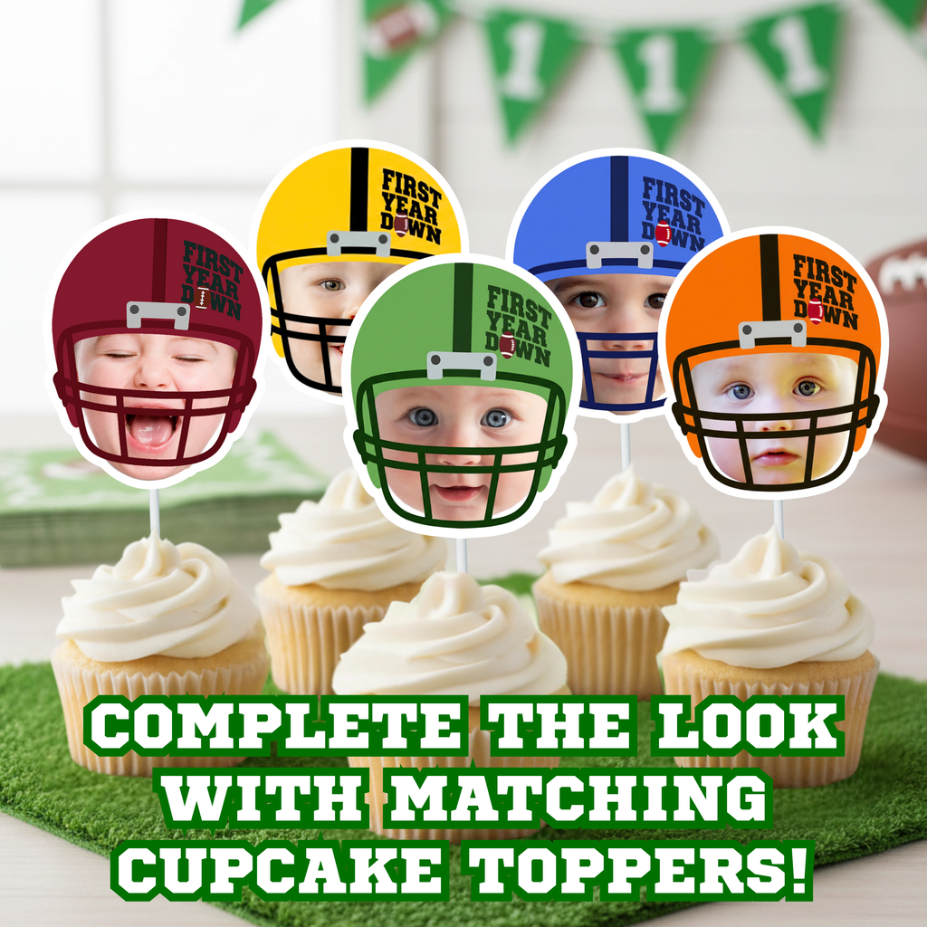 Personalized football first birthday cupcake toppers with baby photo helmet design in red, yellow, green, blue, and orange. Matching First Year Down party decorations for a boy’s football themed first birthday dessert table.