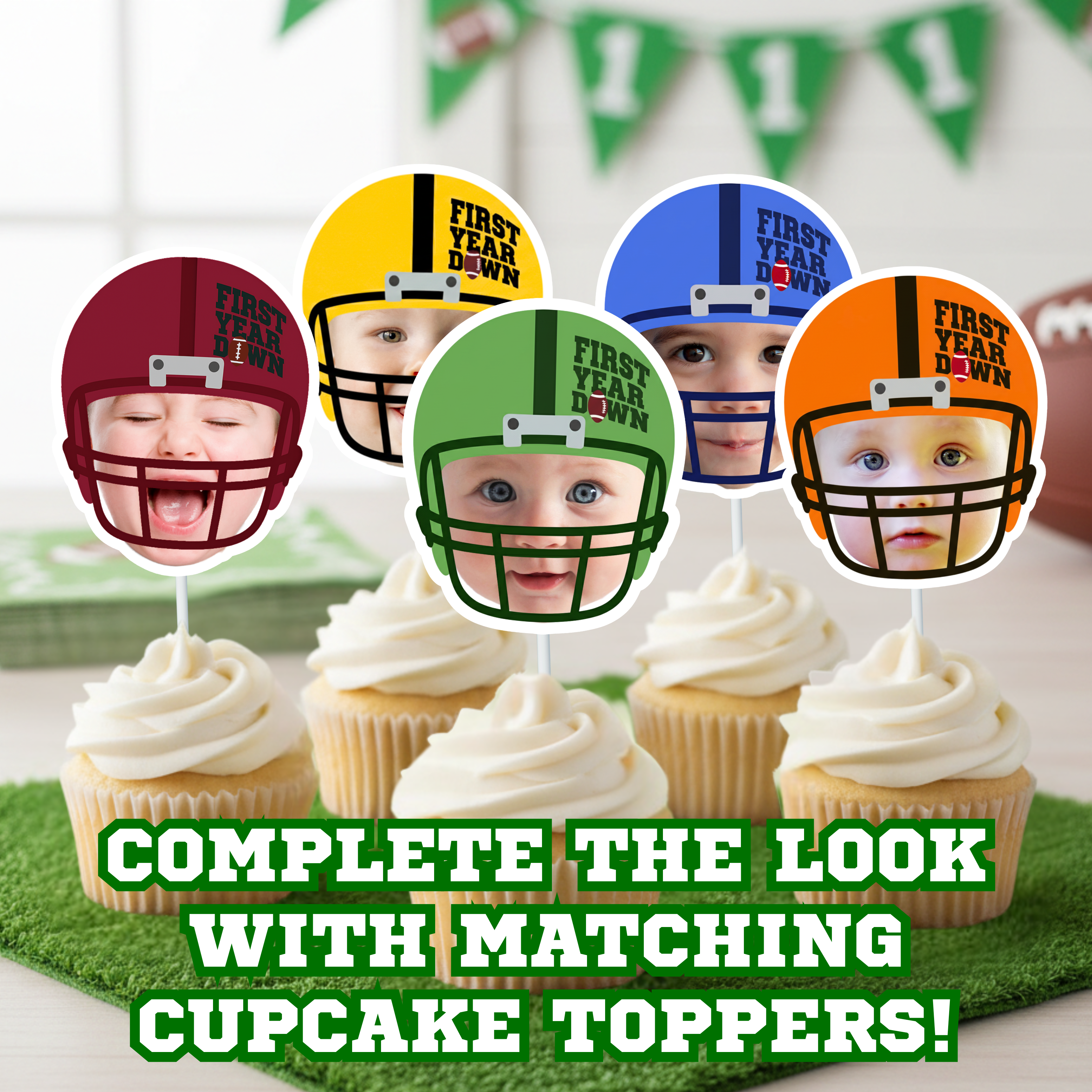 Personalized football first birthday cupcake toppers with baby photo helmet design in red, yellow, green, blue, and orange. Matching First Year Down party decorations for a boy’s football themed first birthday dessert table.