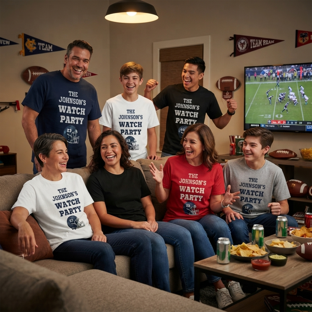 A family of seven wearing custom team jerseys and t-shirts with 'THE JOHNSON WATCH PARTY' printed on them, gathered in a living room watching football on the TV.