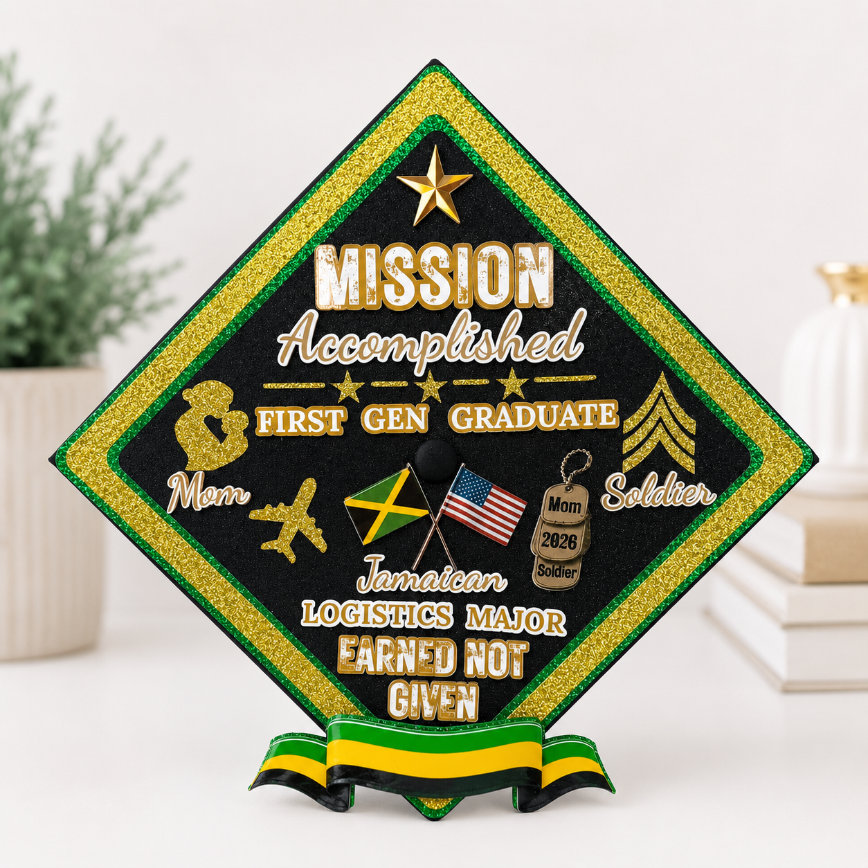 Custom military graduation cap plate designed with layered glitter cardstock, first generation graduate details, military inspired embellishments, and personalized graduation elements for a meaningful graduation ceremony keepsake. Graduation cap with decorative text and symbols on a white background