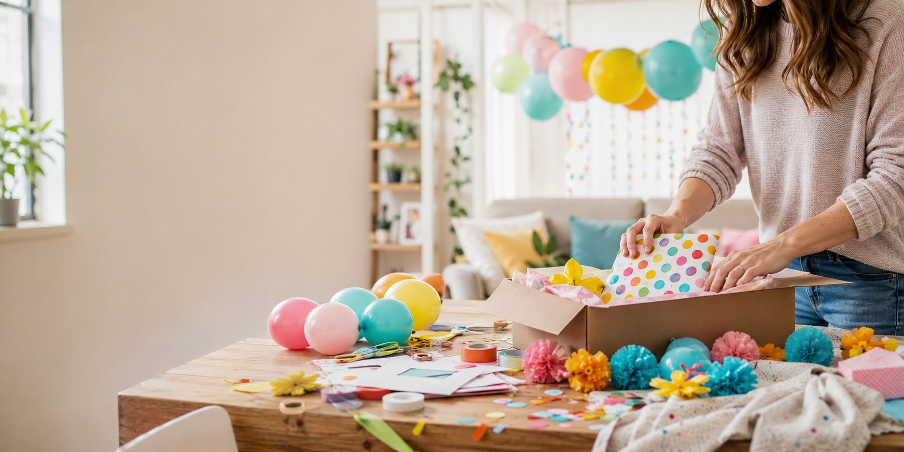 Mom preparing colorful birthday party decorations at home for an upcoming celebration.