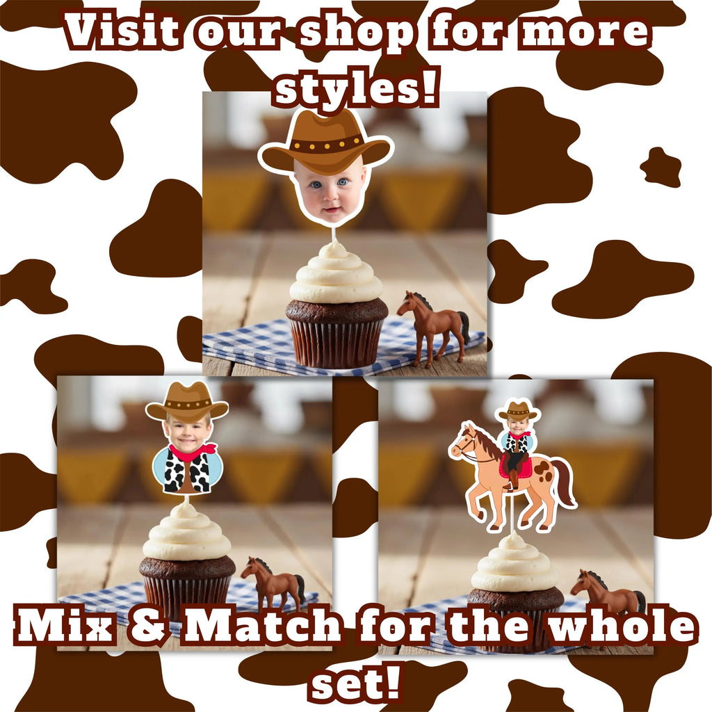 Cowboy-themed cupcake toppers with cowboy hats, horses, and a cow pattern in the background.