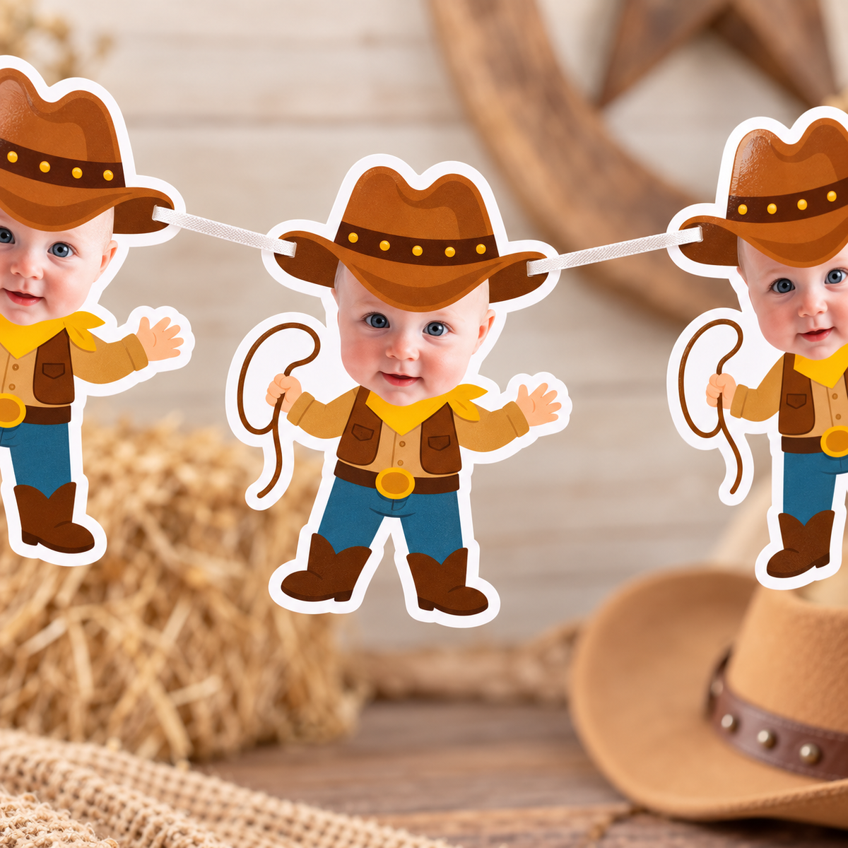 Close up of personalized My First Rodeo cowboy photo banner panels featuring a child face with brown cowboy hat western outfit rope detail and laminated finish