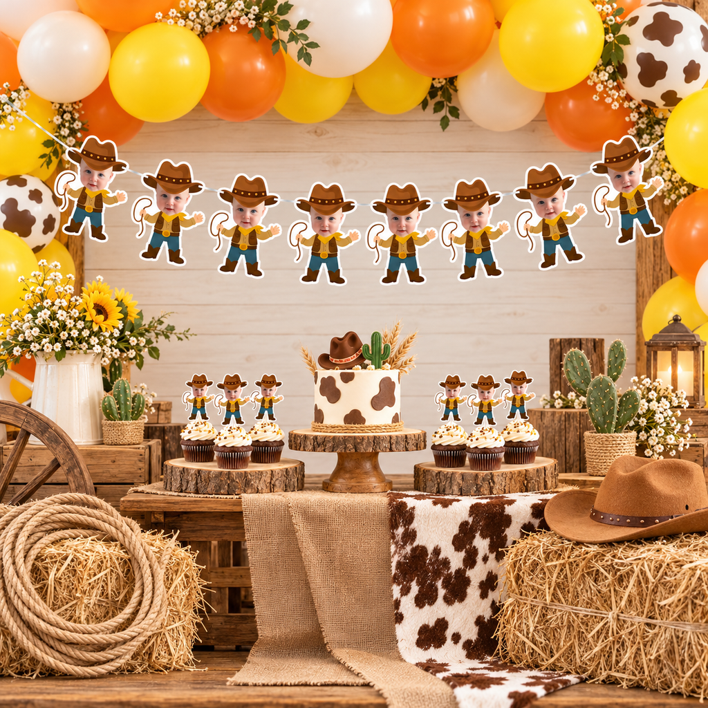 Personalized My First Rodeo cowboy photo banner displayed above a rustic western dessert table with matching cowboy cupcake toppers balloons hay bales rope cow print decor and birthday cake