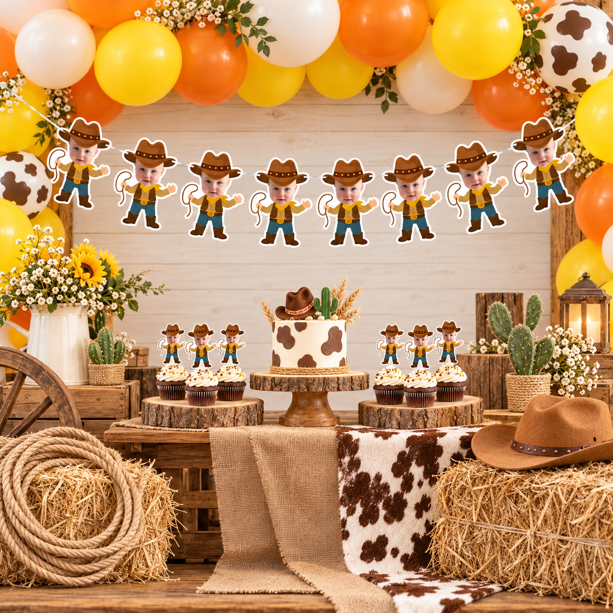 Personalized My First Rodeo cowboy photo banner displayed above a rustic western dessert table with matching cowboy cupcake toppers balloons hay bales rope cow print decor and birthday cake
