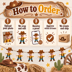 How to order a personalized My First Rodeo cowboy photo banner by uploading a photo having it cropped and edited receiving a proof approving within 24 hours and having the banner created and shipped