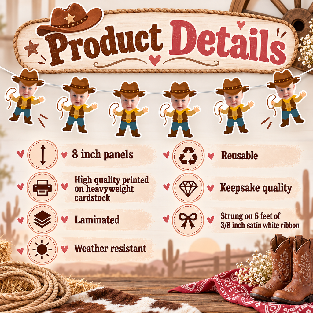 My First Rodeo cowboy photo banner product details showing eight inch laminated heavyweight cardstock panels weather resistant construction reusable keepsake quality and six feet of white satin ribbon