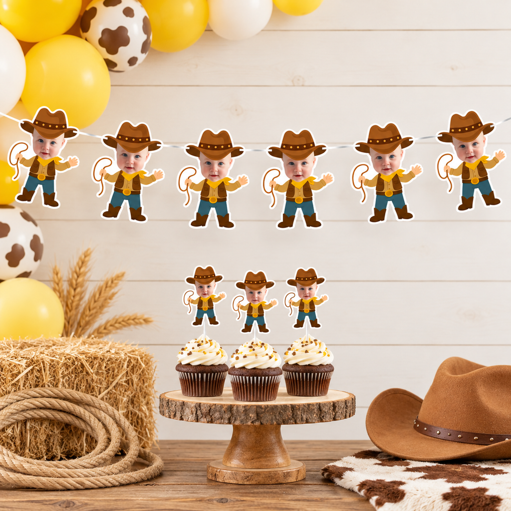 Personalized My First Rodeo cowboy photo banner displayed with matching cowboy photo cupcake toppers on a rustic western dessert table with balloons hay bales rope and cowboy hat