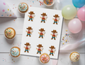 Printable sheet of personalized My First Rodeo cowboy photo cupcake toppers featuring a child’s face, displayed with cupcakes and party balloons.