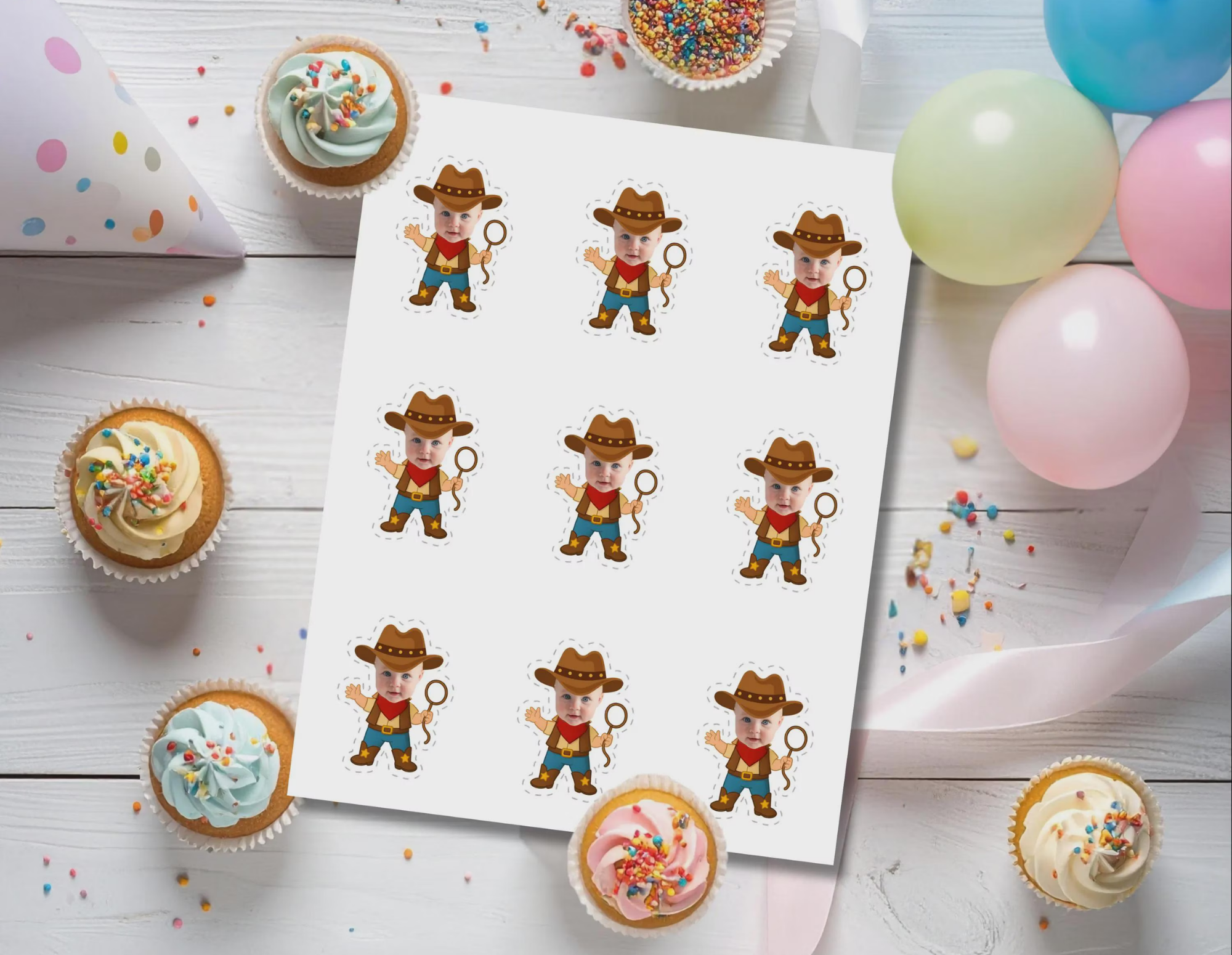 Printable sheet of personalized My First Rodeo cowboy photo cupcake toppers featuring a child’s face, displayed with cupcakes and party balloons.