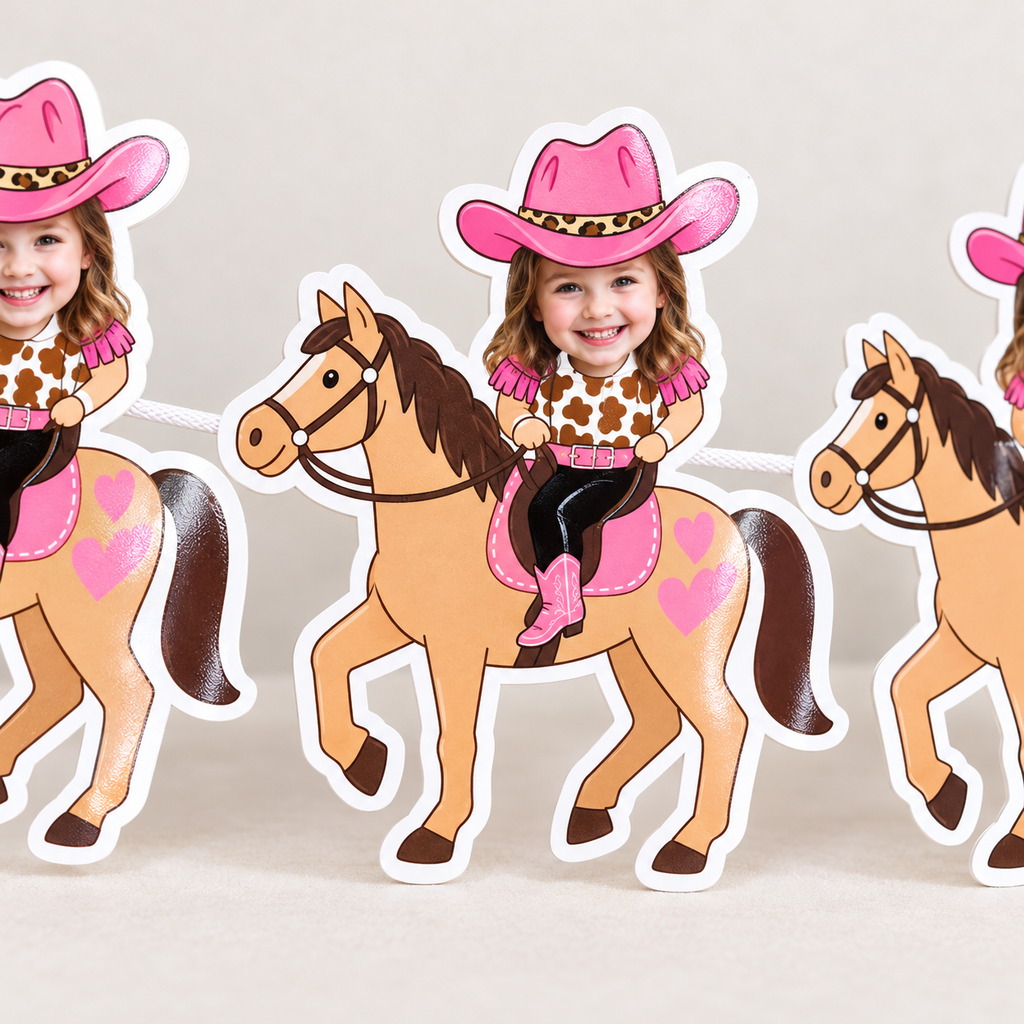 Close up of personalized My First Rodeo cowgirl photo banner panels featuring a child riding a horse with a pink cowboy hat and western party styling