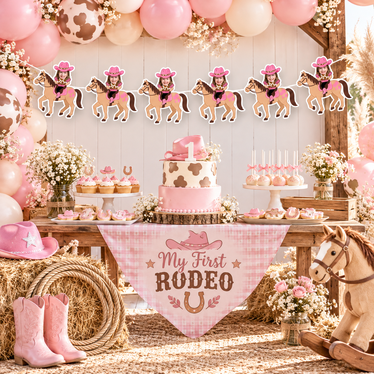Personalized My First Rodeo cowgirl photo banner displayed above a pink western first birthday dessert table with balloons cake cupcakes cowboy boots and horse party decor