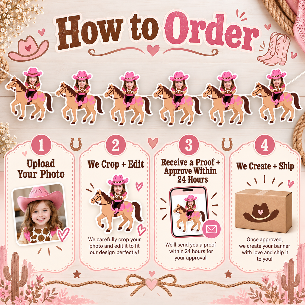 How to order a personalized My First Rodeo cowgirl photo banner by uploading a photo having it cropped and edited receiving a proof within 24 hours and approving before production and shipping