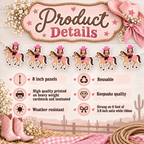 My First Rodeo cowgirl photo banner product details showing eight inch laminated heavyweight cardstock panels weather resistant construction reusable keepsake quality and six feet of white satin ribbon