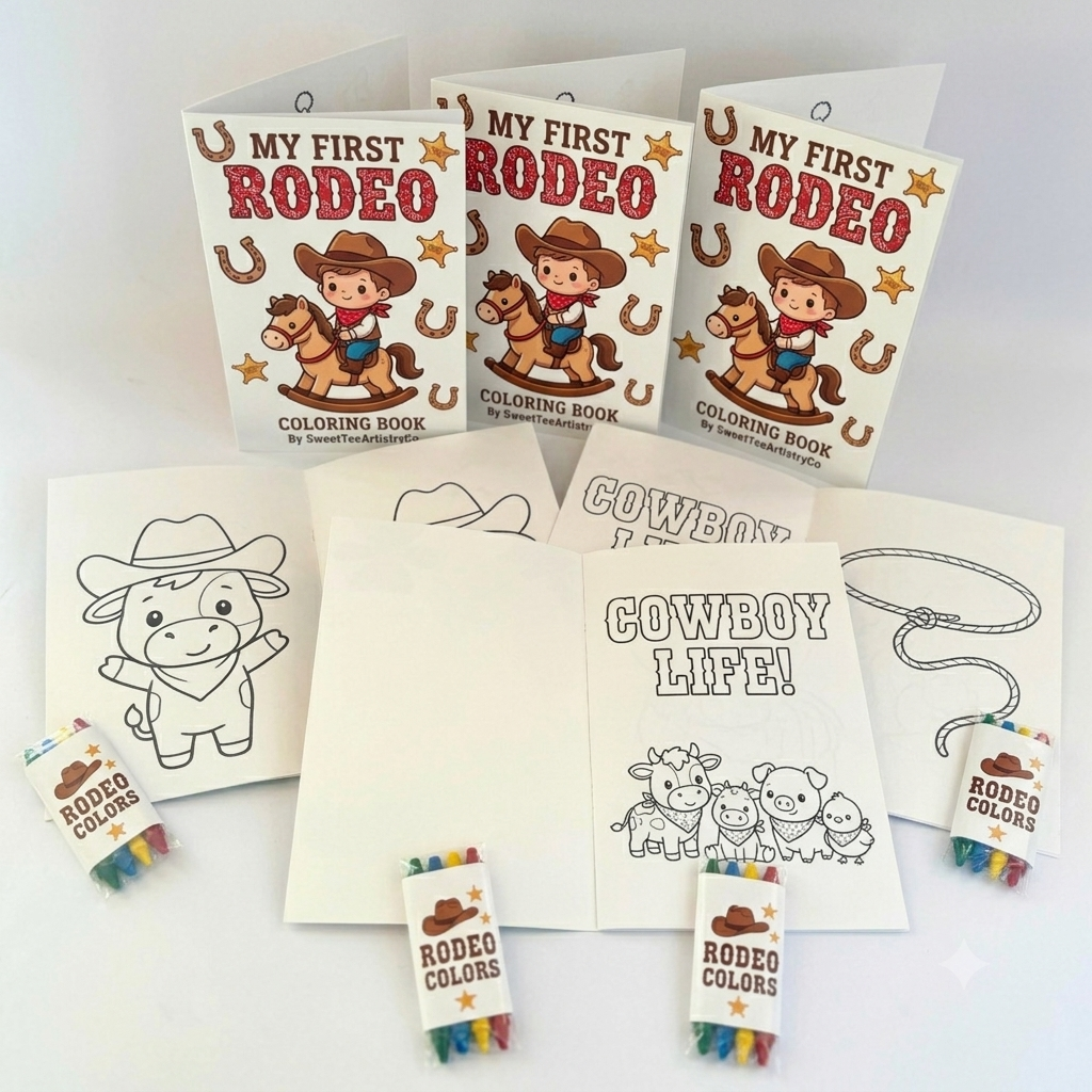Personalized My First Rodeo birthday coloring book party favor set with western-themed custom covers, cowboy coloring pages, coordinated crayons, and personalized keepsake design.