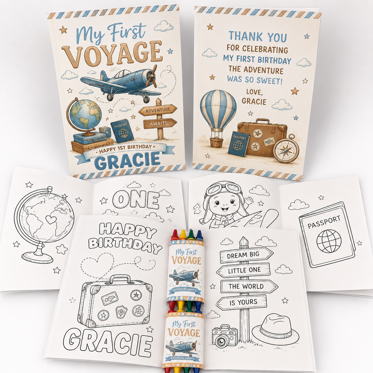 Personalized My First Voyage birthday coloring book party favor set featuring travel-themed custom covers, personalized coloring pages, coordinated crayons, and keepsake-quality materials for a first birthday.