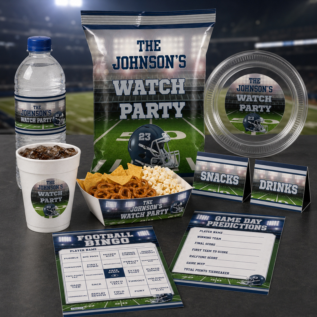 Game day prediction cards displayed with coordinating football party cups snack containers water bottle and watch party decorations