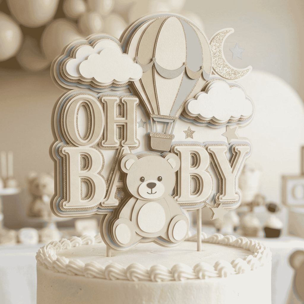Neutral baby shower cake topper featuring teddy bear hot air balloon clouds moon and stars made from layered cardstock handmade custom baby shower decoration