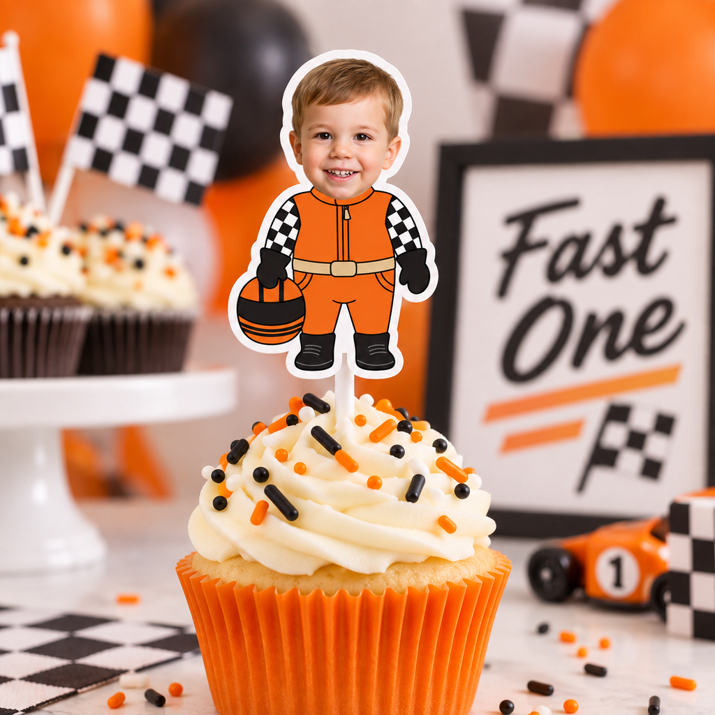 Orange Fast One personalized photo cupcake topper featuring a child as a race car driver for a first birthday racing theme
