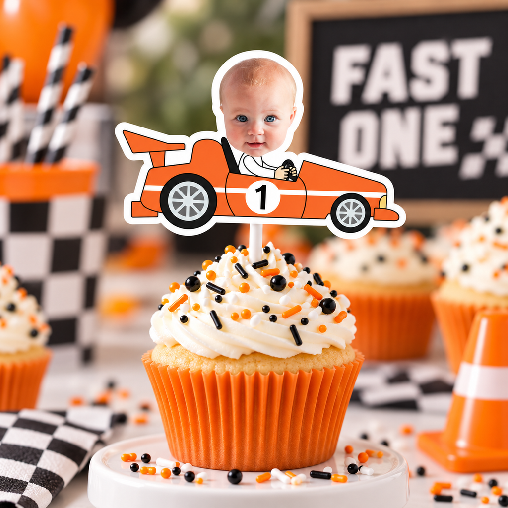 Orange Formula Won race car cupcake topper personalized with a baby photo and age one for a first birthday racing party