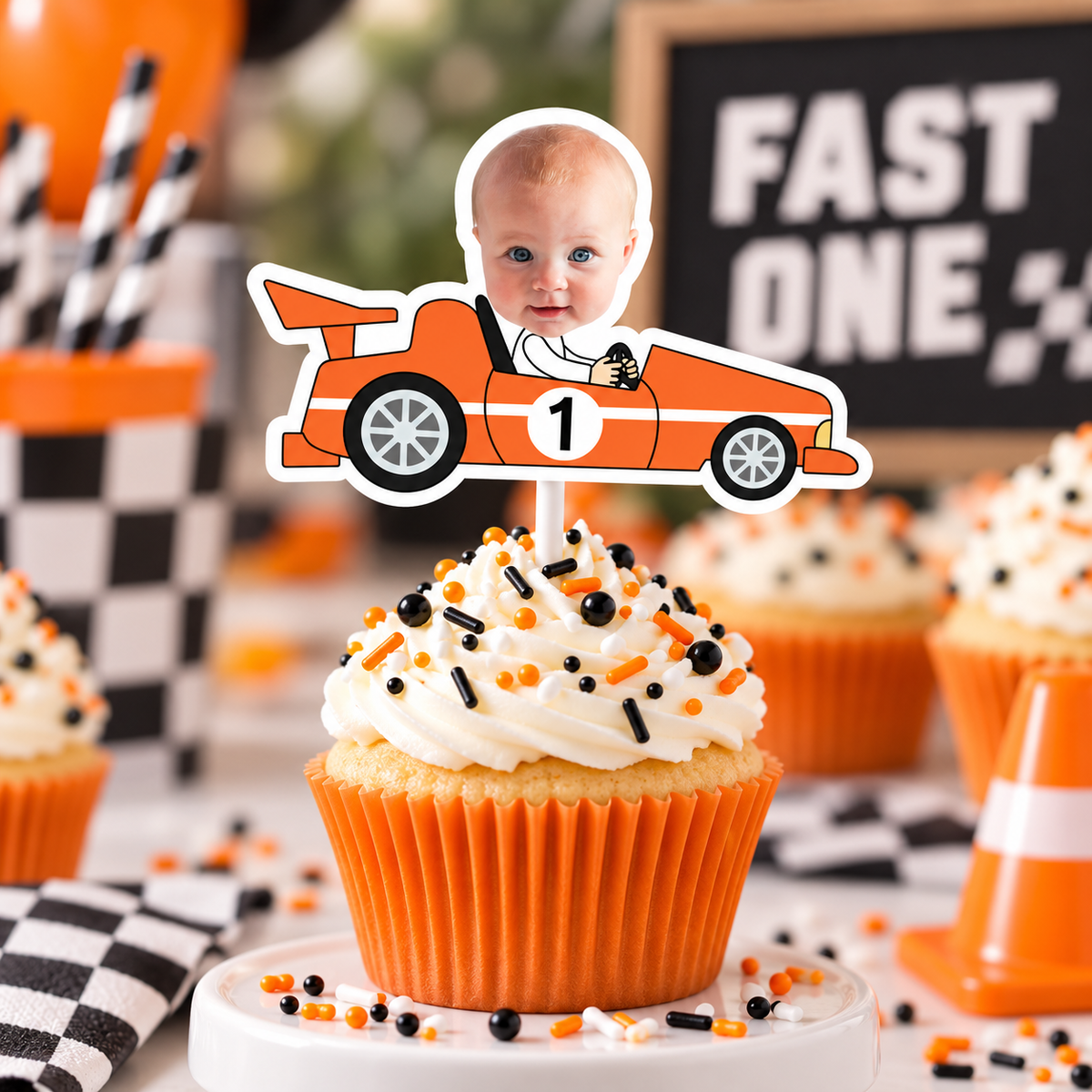Orange Formula Won race car cupcake topper personalized with a baby photo and age one for a first birthday racing party