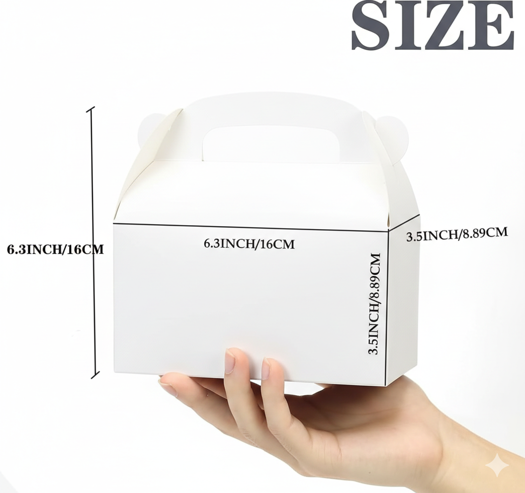 White box held by a hand with dimensions labeled