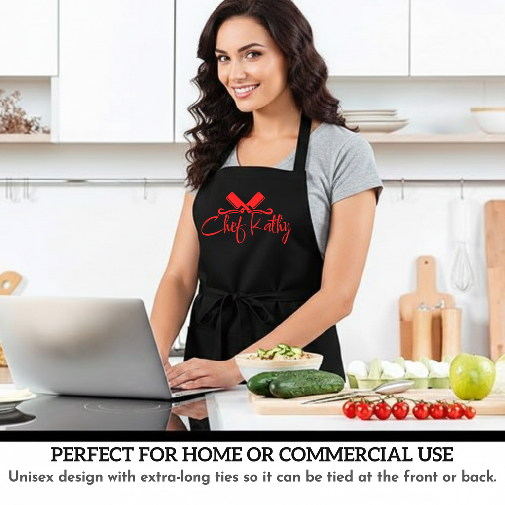 Woman wearing a black apron with 'Chef Kitty' logo in a kitchen setting.