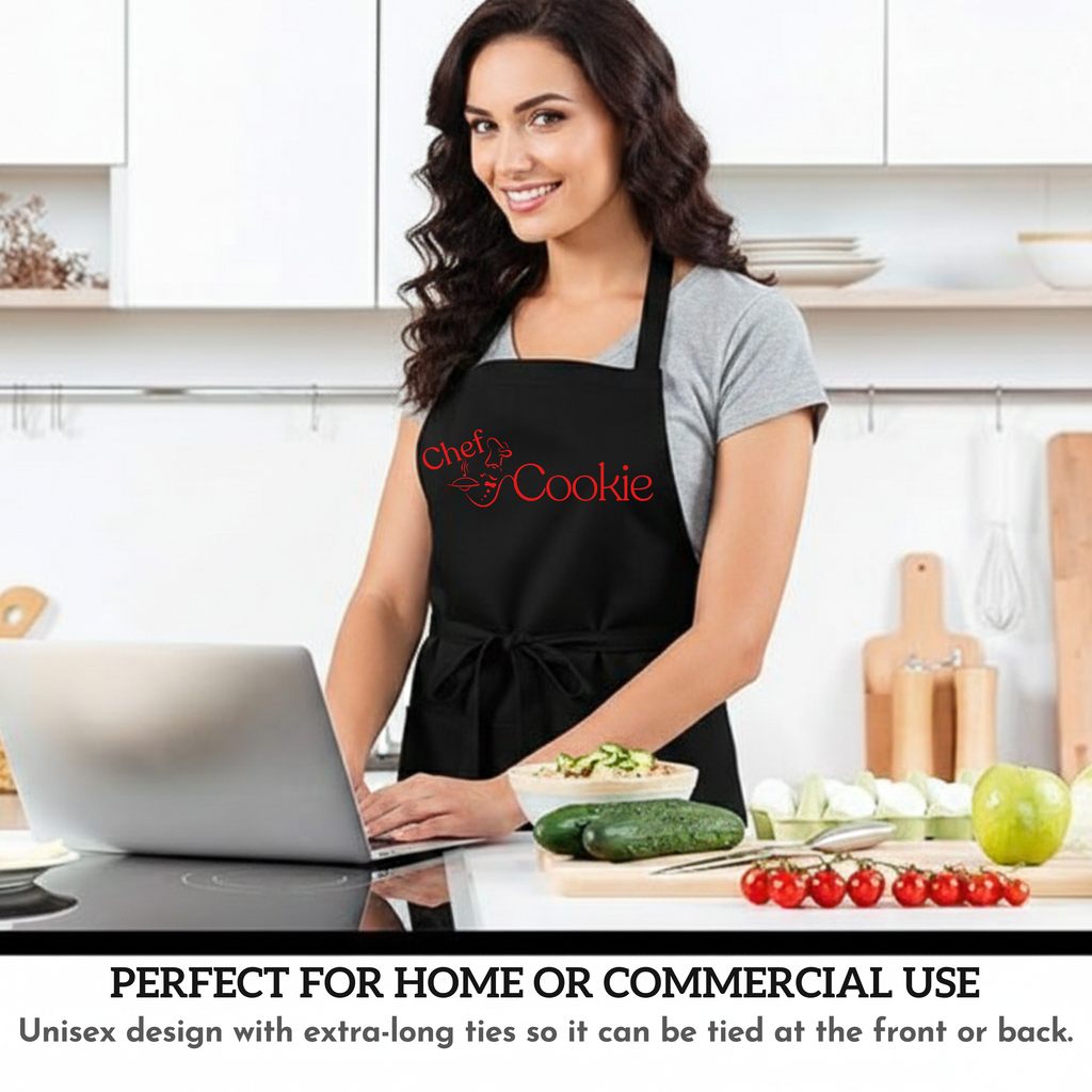 Woman wearing a black apron with 'Chef of the Cookie' text in a kitchen setting.