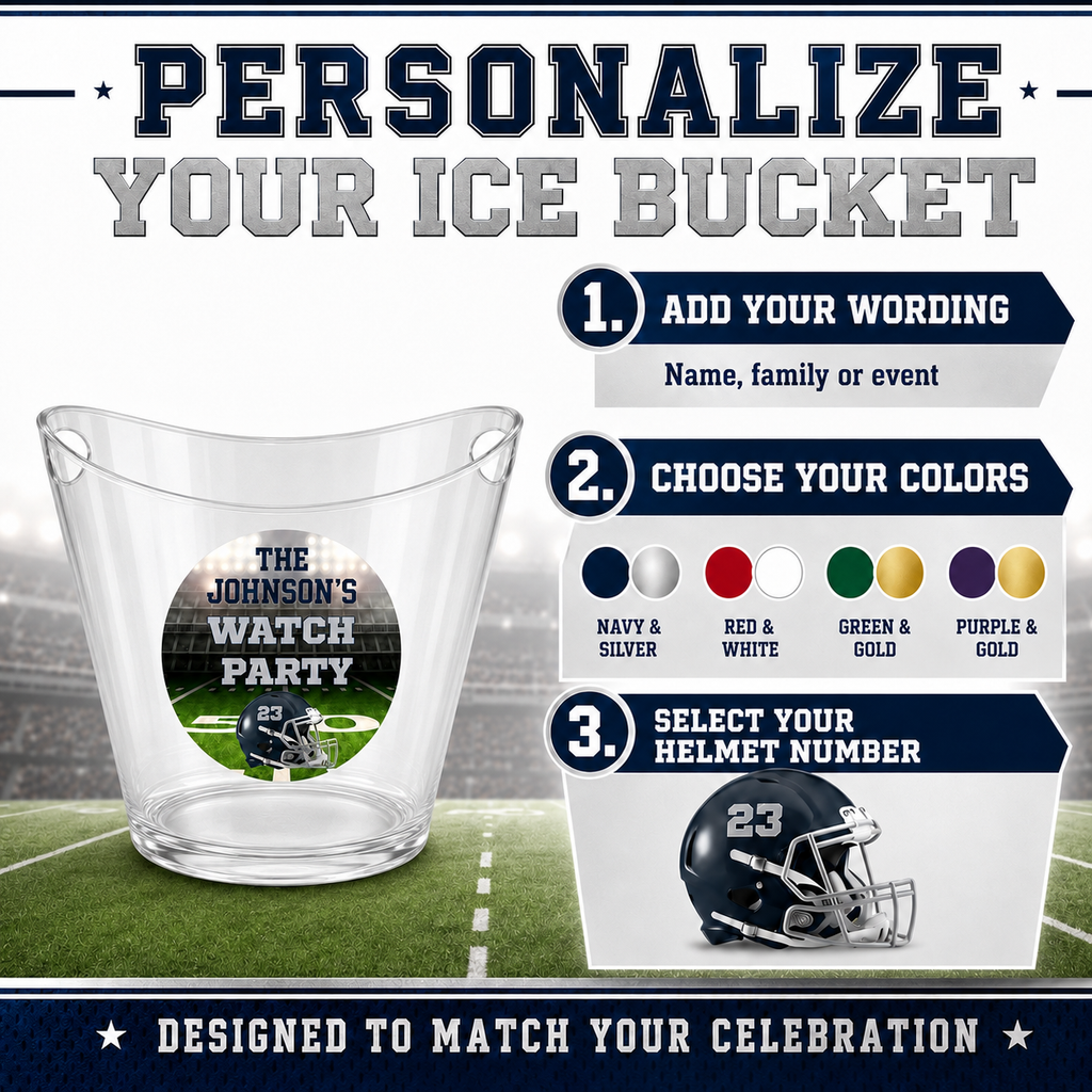 Personalized ice bucket graphic with a clear glass bucket, football helmet, and step-by-step customization instructions on a sports-themed background.