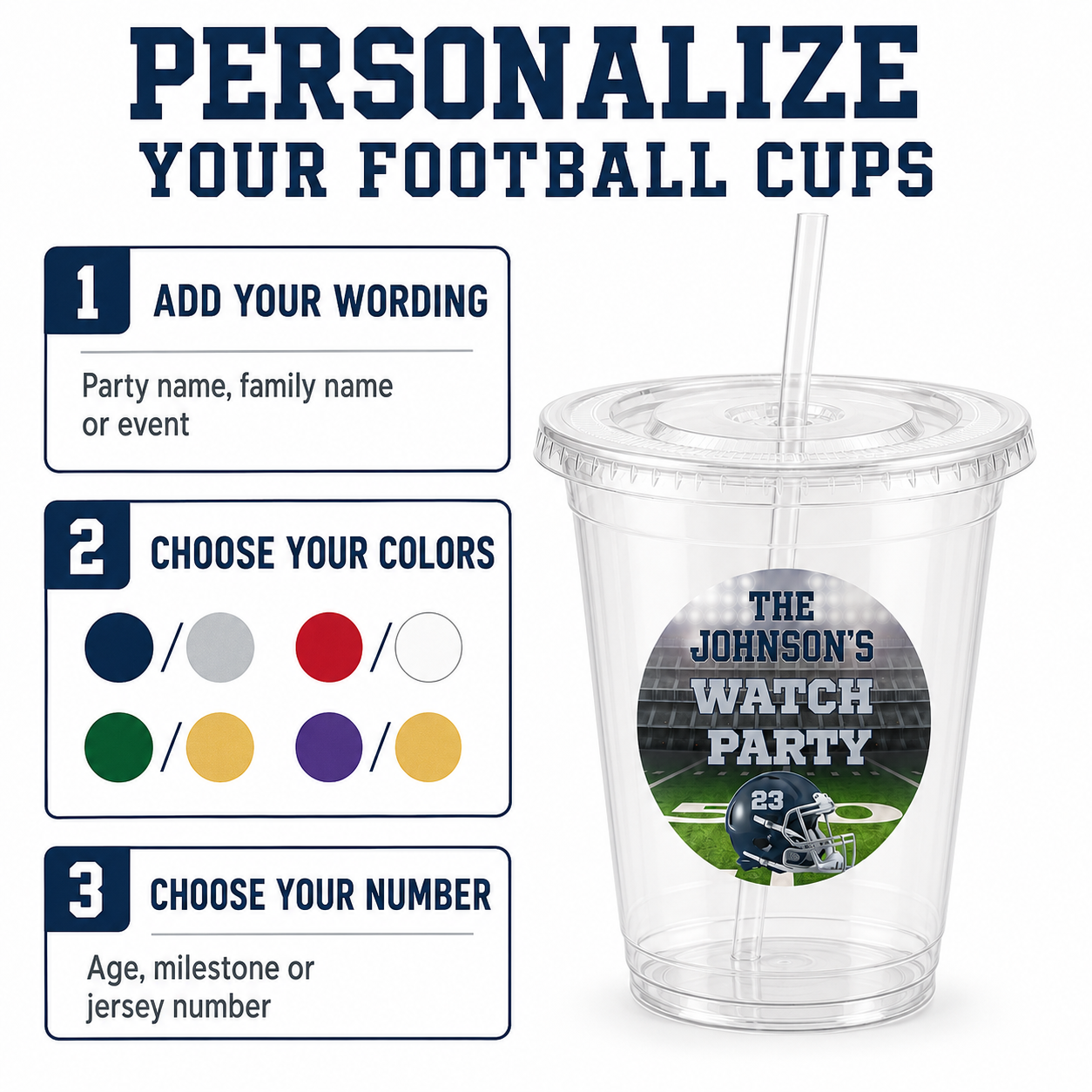 Football cup personalization guide showing custom wording colors and helmet number for clear lidded cups
