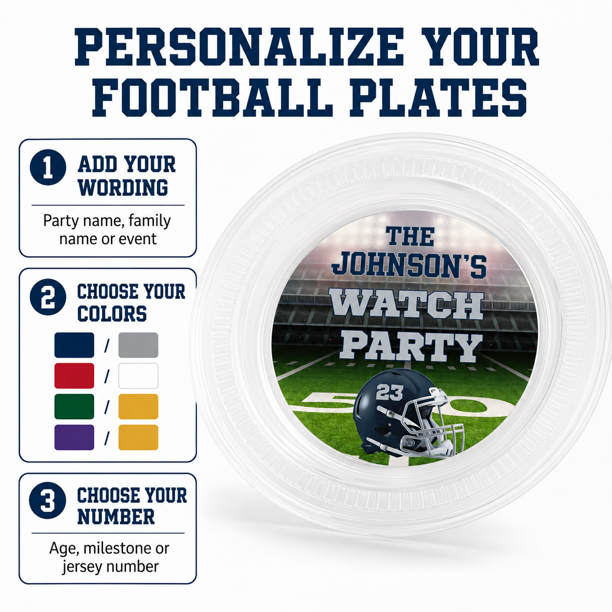 Football party plate personalization guide showing custom wording accent colors and helmet number choices