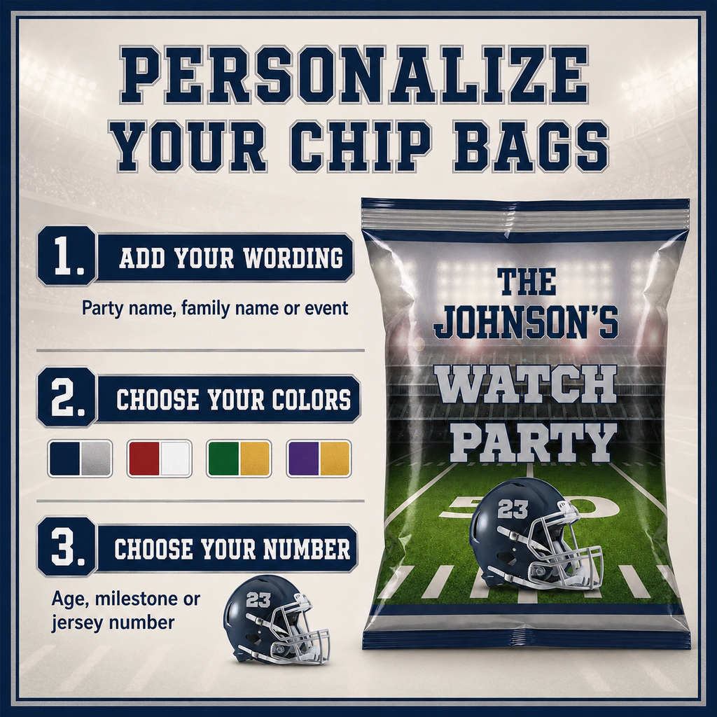 Football chip bag personalization guide showing custom party wording, preferred colors and age, milestone or jersey number options.