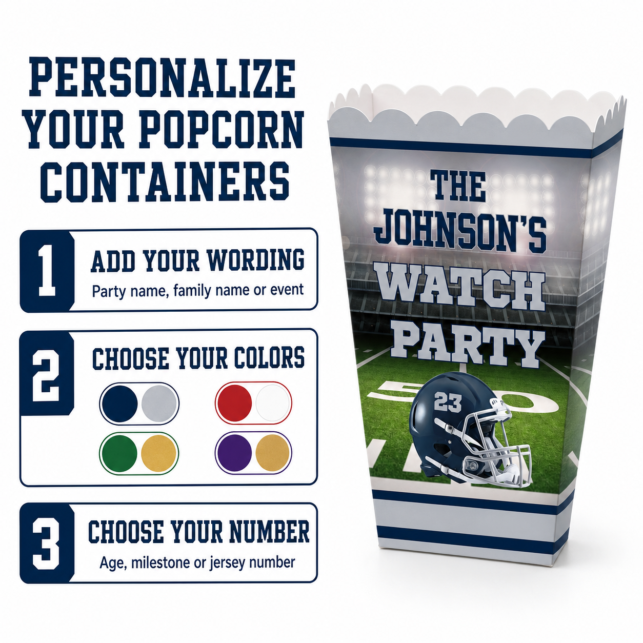 Football popcorn container personalization guide showing custom wording accent colors and helmet number options