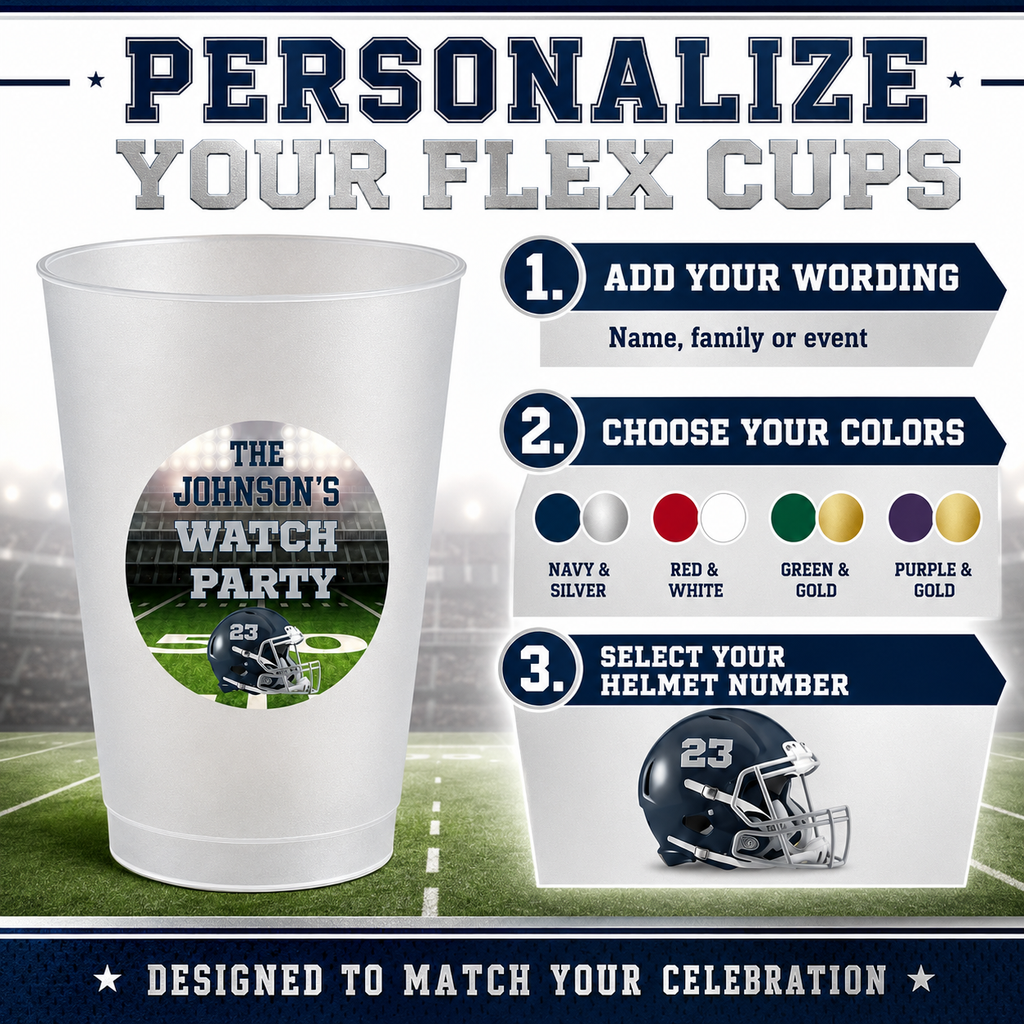 Football flex cup personalization guide showing custom party wording colors and helmet number