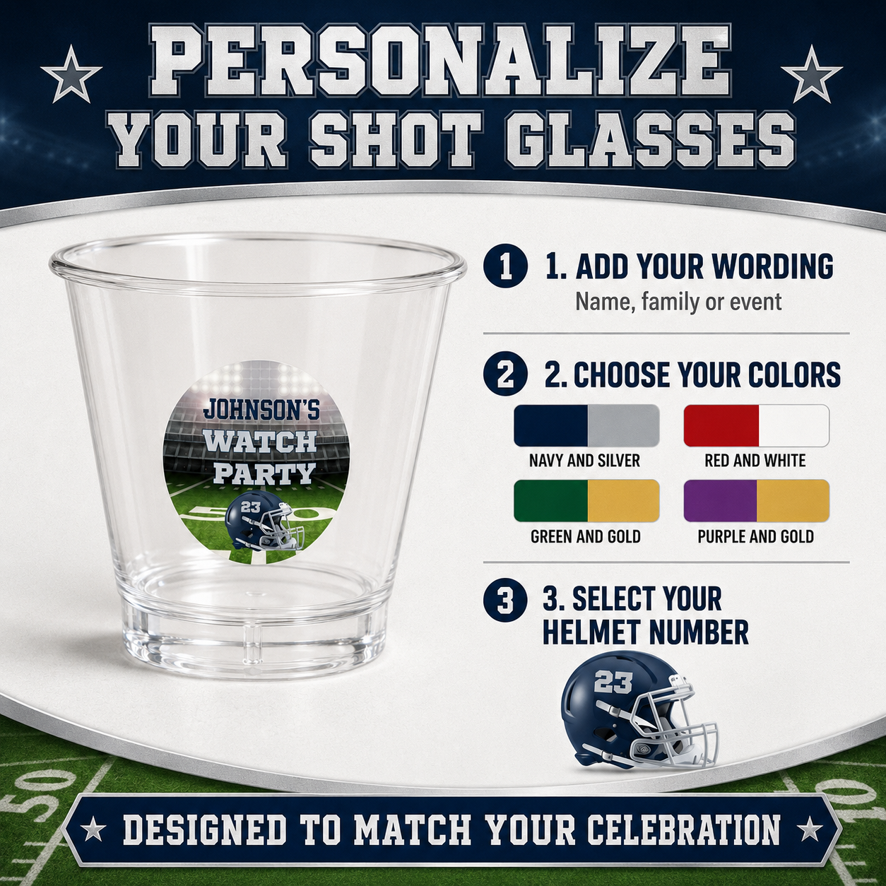 Football shot glass personalization guide showing custom party wording colors and helmet number