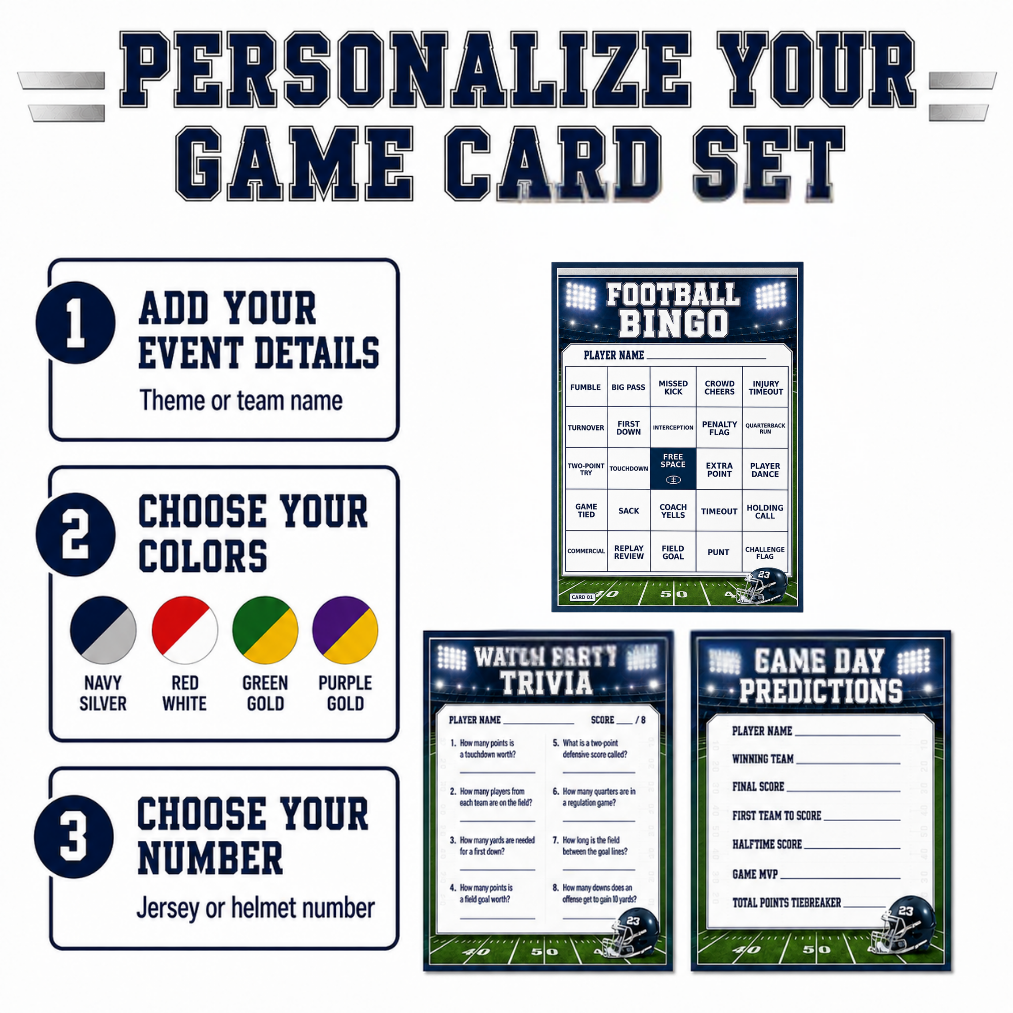 Personalized football game card set template with instructions on adding event details, choosing colors, and choosing a jersey or helmet number, plus sample game card designs including a football bingo, watch party trivia, and game day predictions.