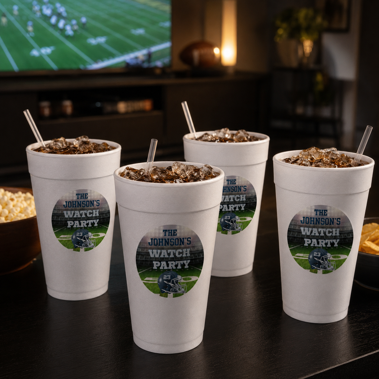 Personalized 20 ounce white foam cup with navy football watch party design, family name and custom helmet number.