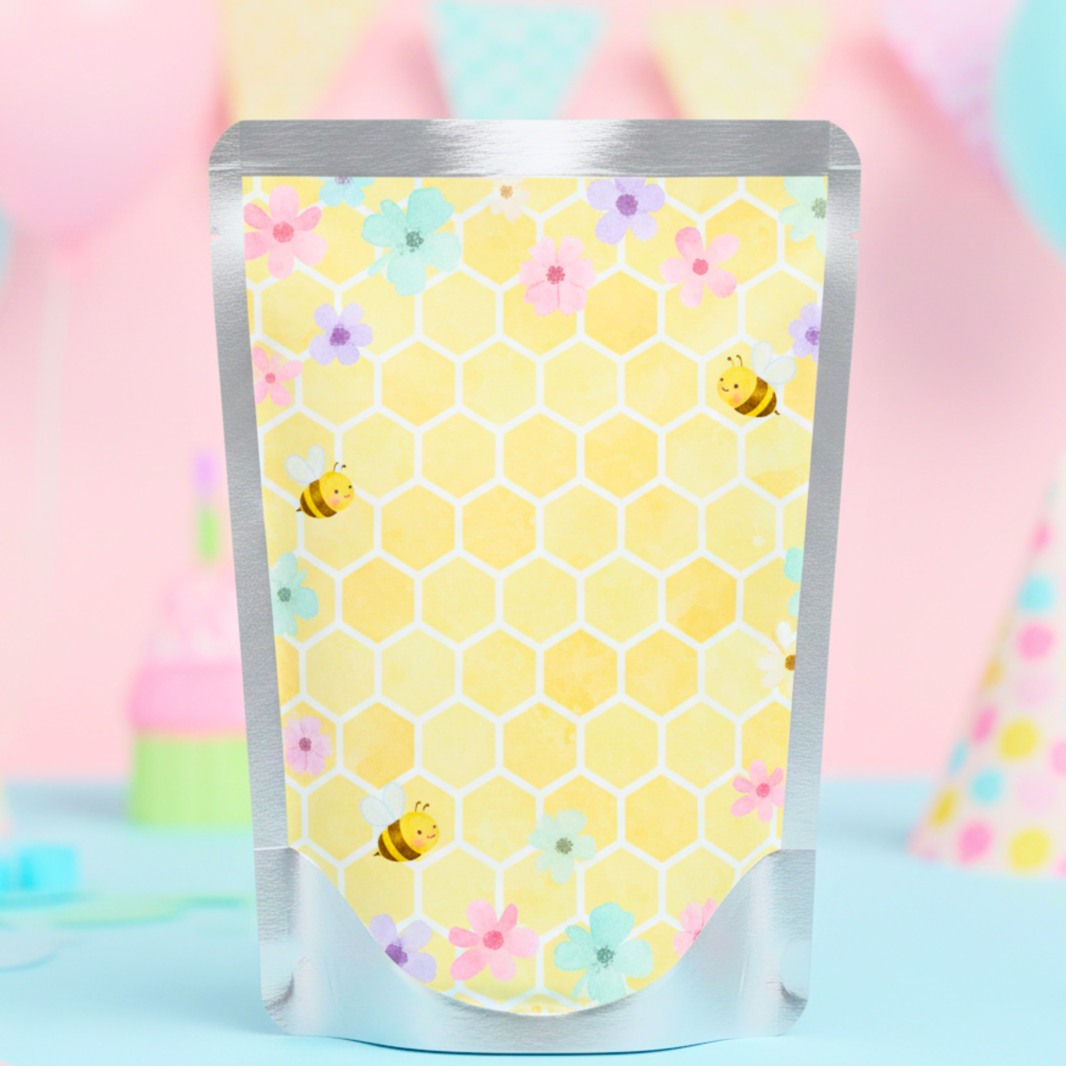 Zigzag packaging with a honeycomb and floral pattern on a colorful background