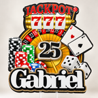 Front view of a personalized casino birthday cake topper with custom Gabriel name and age 25, jackpot slot machine, roulette wheel, poker chips, playing cards and dice.