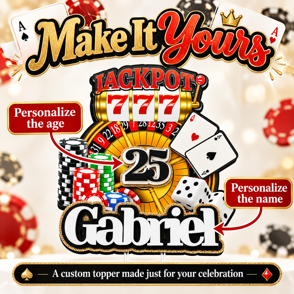 Personalized casino birthday cake topper with custom Gabriel name and age 25, jackpot slot machine, roulette wheel, poker chips, playing cards and dice.