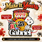 Personalized casino birthday cake topper with custom Gabriel name and age 25, jackpot slot machine, roulette wheel, poker chips, playing cards and dice.