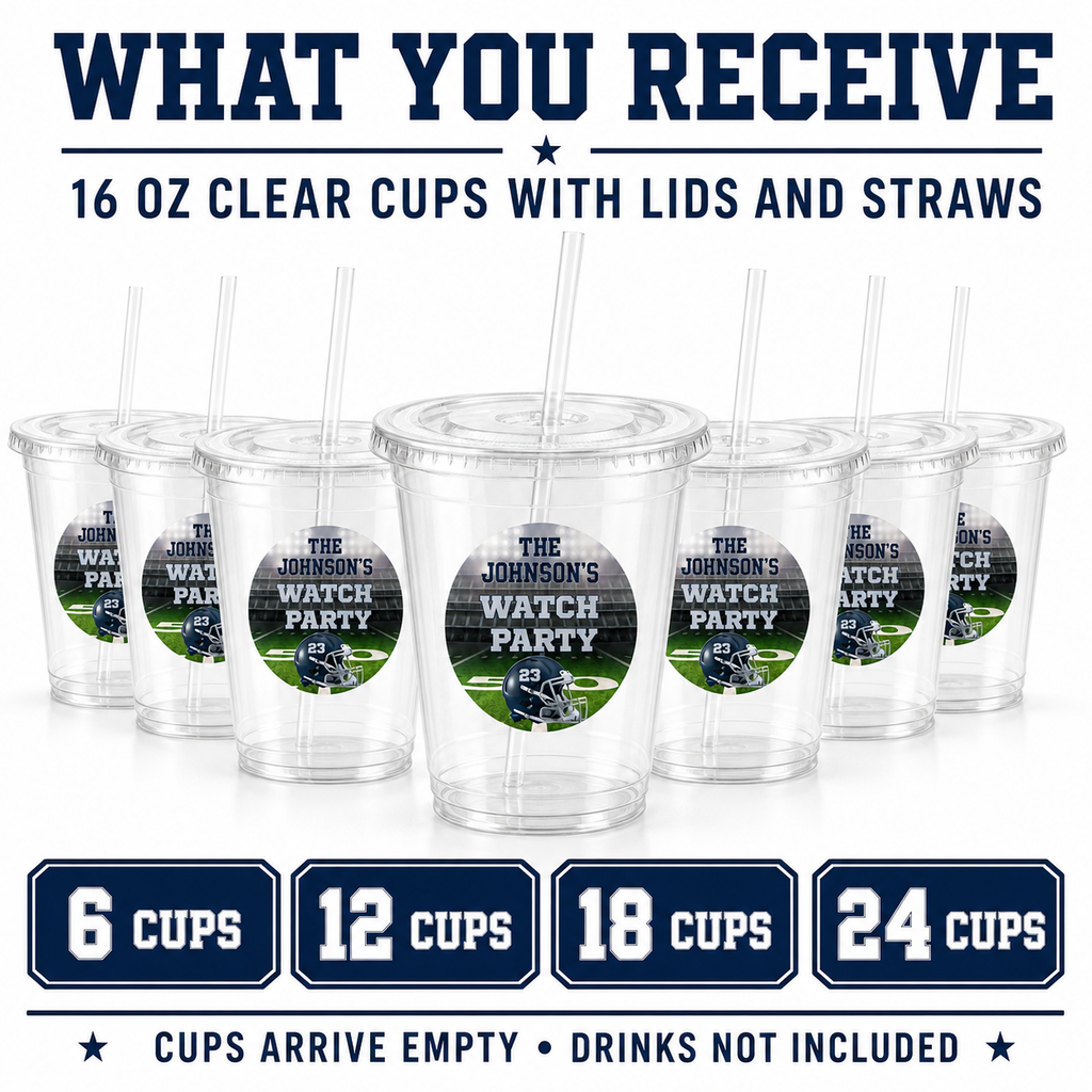 Personalized 16 oz clear football cups with lids and straws available in sets of 6 12 18 or 24