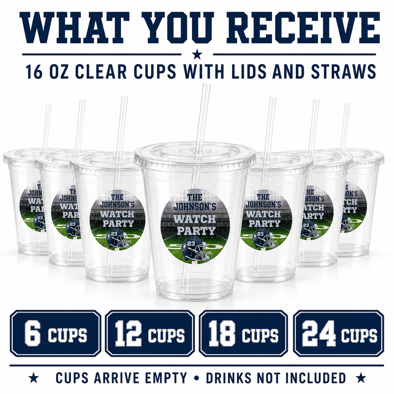 Personalized 16 oz clear football cups with lids and straws available in sets of 6 12 18 or 24