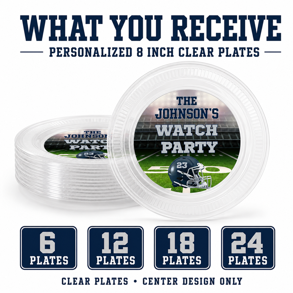 Personalized 7 inch clear football plates available in sets of 6 12 18 or 24 for game day parties