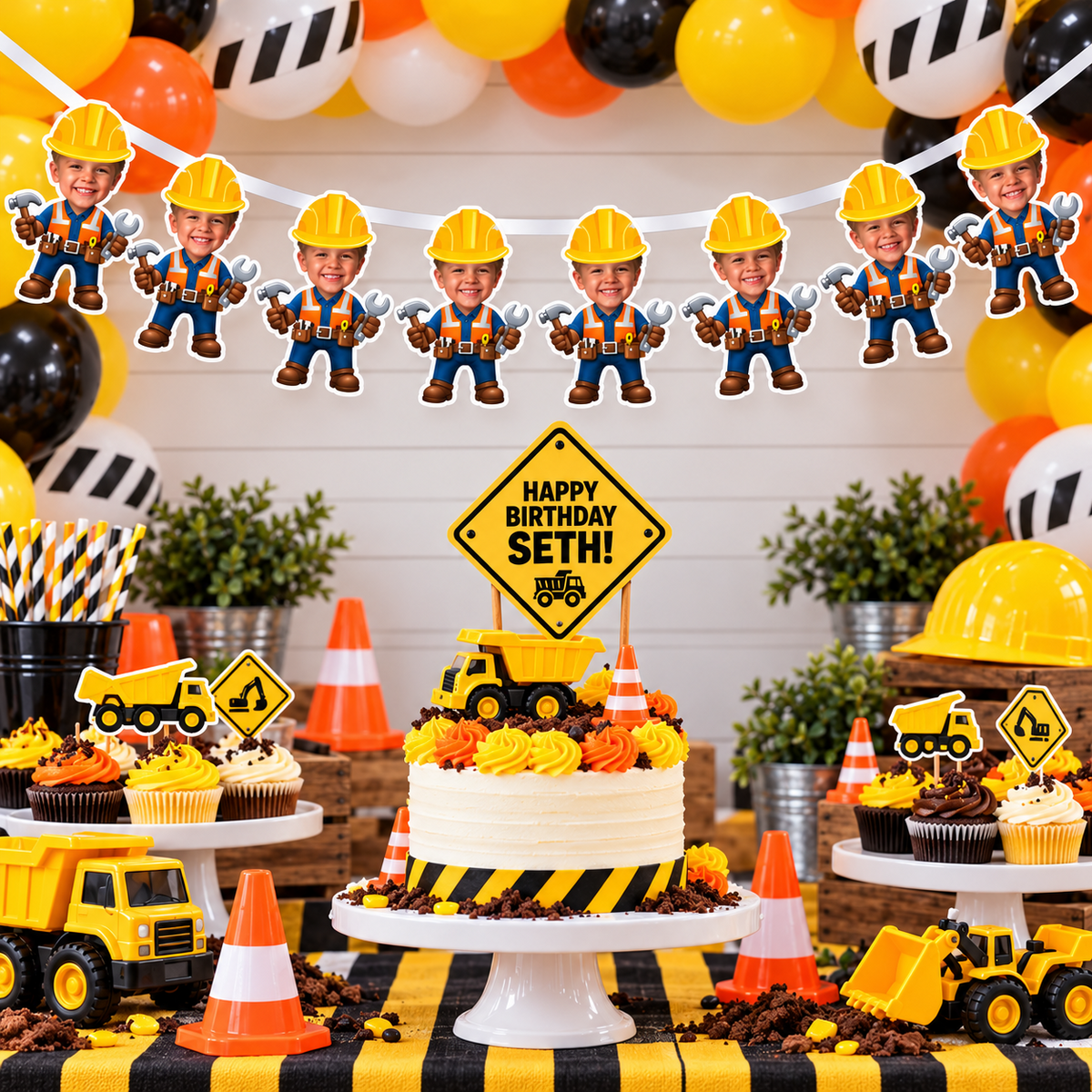 Personalized construction birthday banner featuring a childs photo in a builder outfit and yellow hard hat displayed above a dessert table with cupcakes balloons dump truck and traffic cones