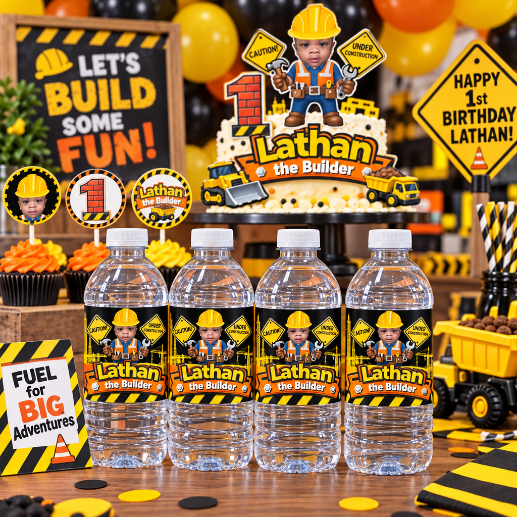 Construction birthday party table featuring personalized child photo water bottle labels with matching cake cupcake toppers and construction decorations