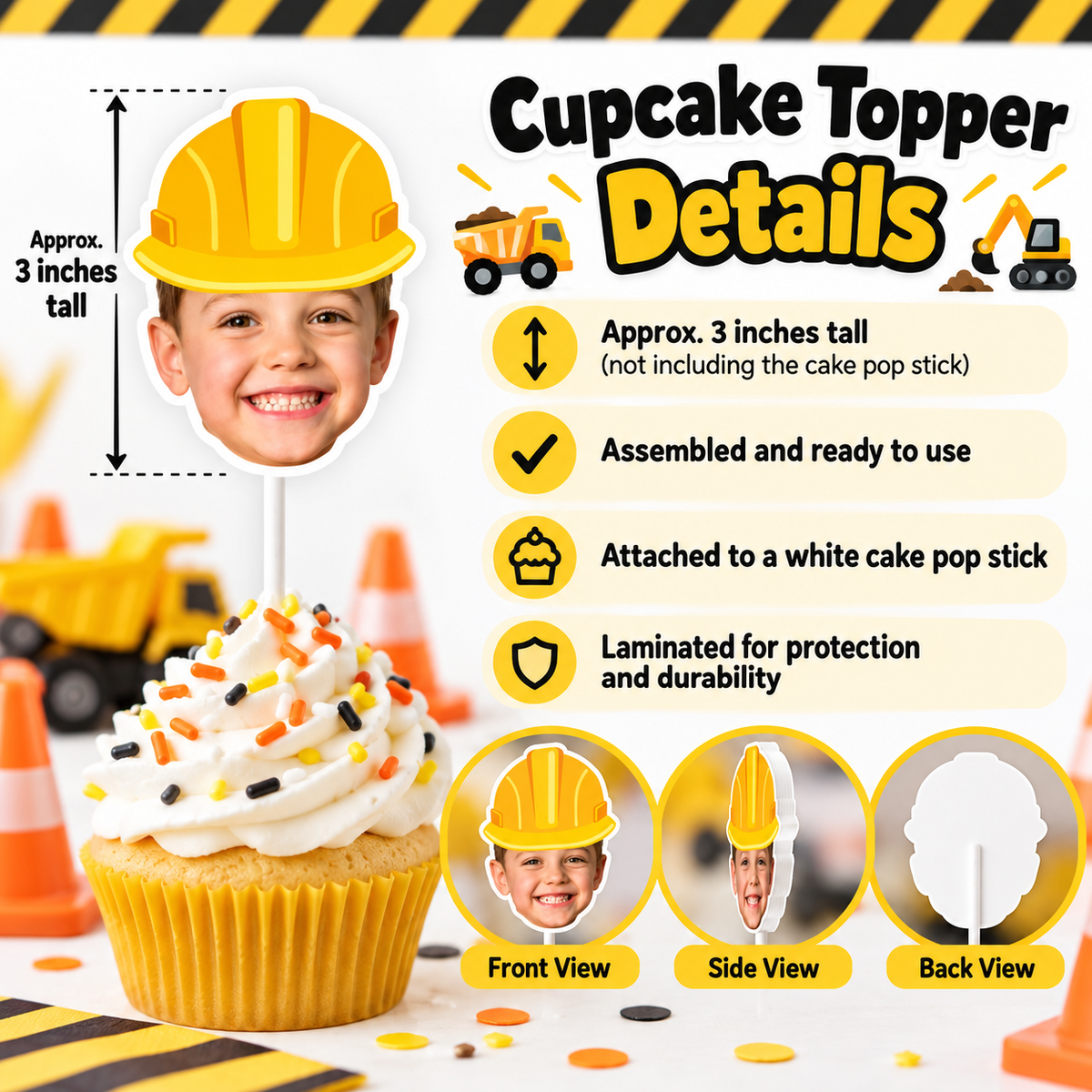 Personalized construction photo cupcake topper details showing three inch laminated childs face topper with yellow hard hat attached to a white cake pop stick