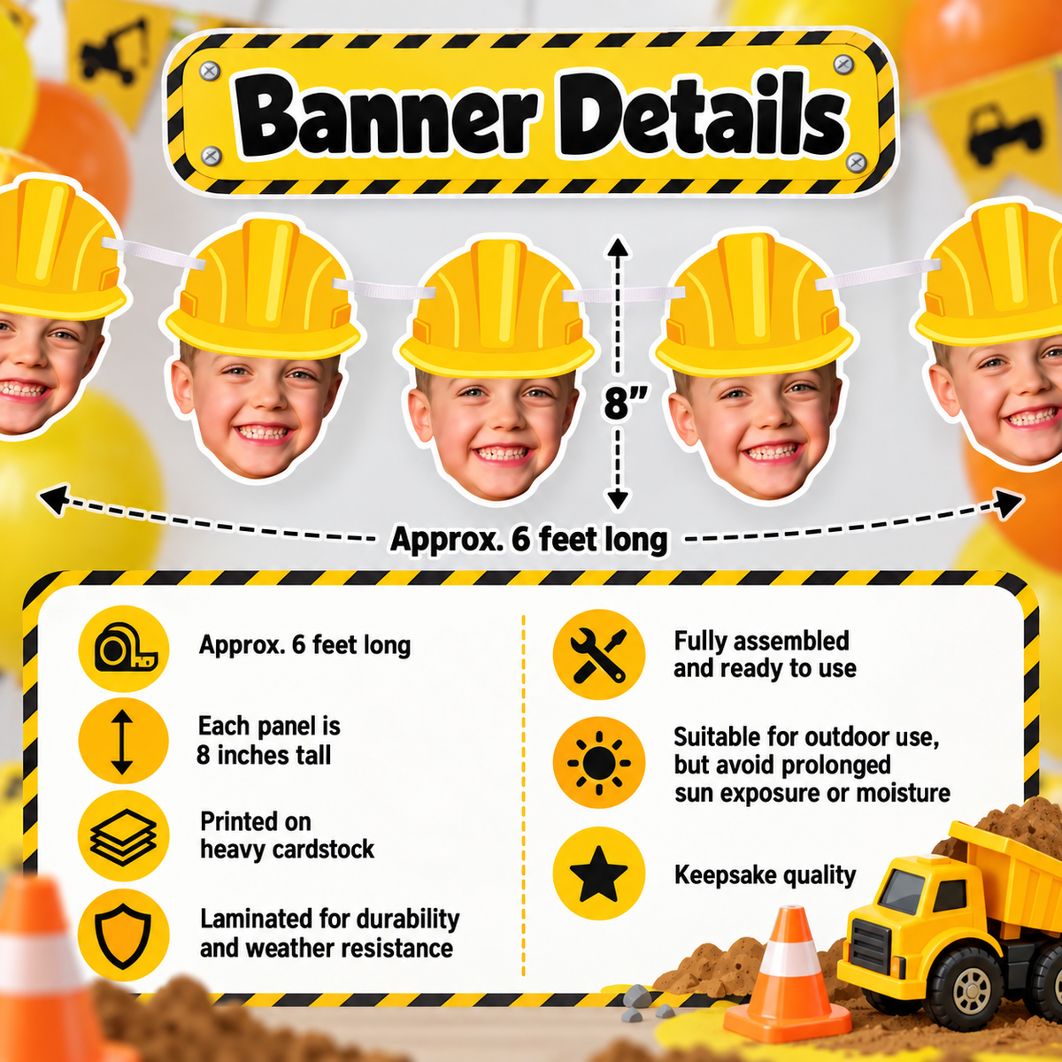 Personalized construction photo banner details showing six foot length eight inch face panels heavy cardstock lamination white ribbon and assembled hard hat birthday garland