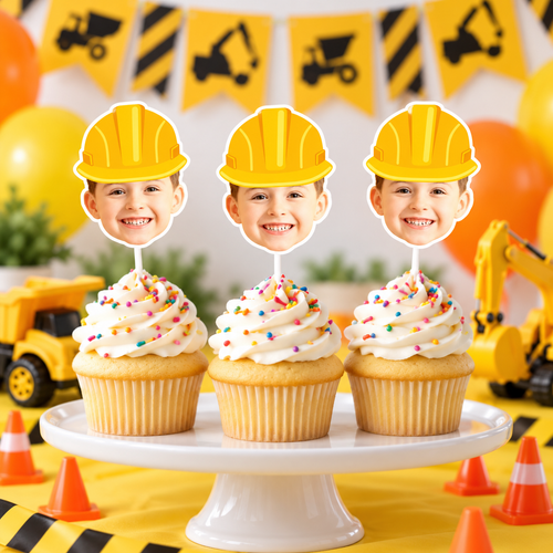 Personalized construction photo cupcake toppers featuring a childs face in a yellow hard hat displayed with cupcakes dump trucks and construction birthday decorations