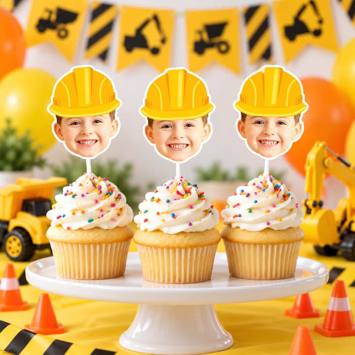 Personalized construction photo cupcake toppers featuring a childs face in a yellow hard hat displayed with cupcakes dump trucks and construction birthday decorations